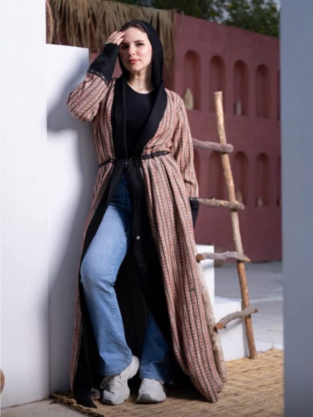 Striped Long Open Abaya with Black Trim